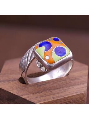 William Bailey Sterling Silver Abstract Modernist Cloisonne Enamel Ring 10.5